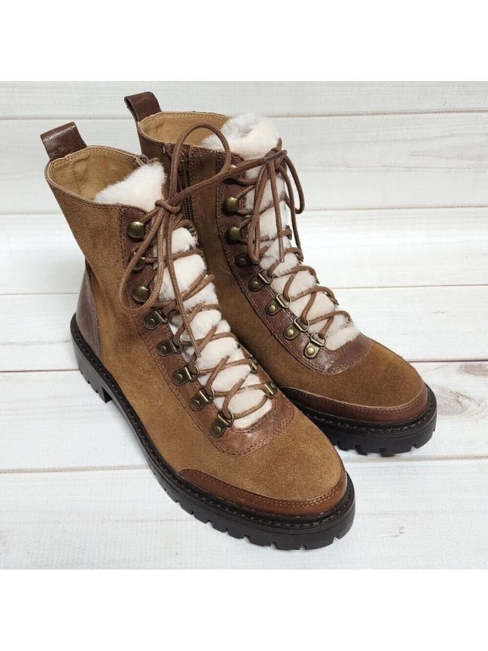 Lucky Brand Ilianna Lace-Up Faux Fur Hiker Boots Size 6 - New Without Box